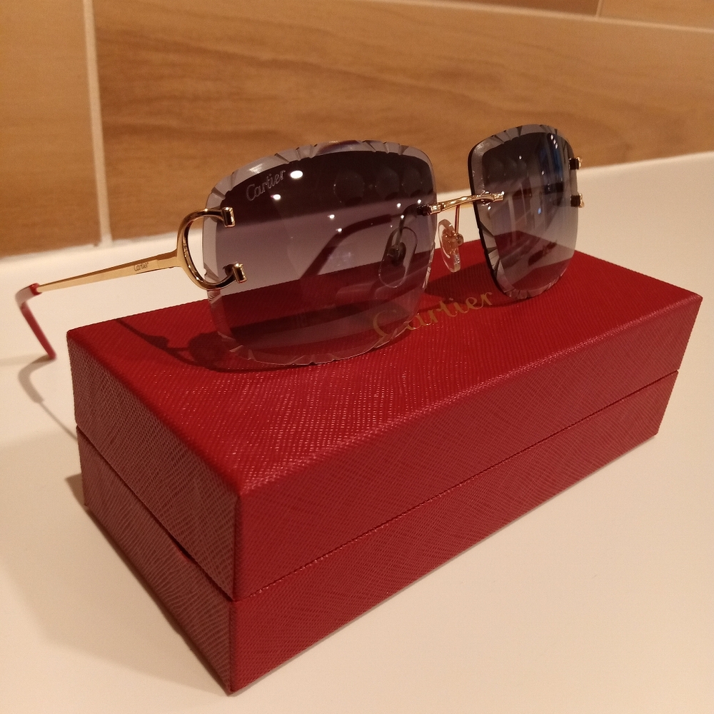 Cartier C decor Dark Tint Gold Wire Diamond Cut Lens Rimless Glasses